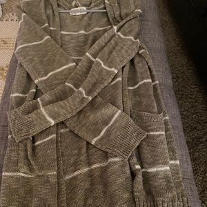 long sweater jacket with hood. super soft. green striped